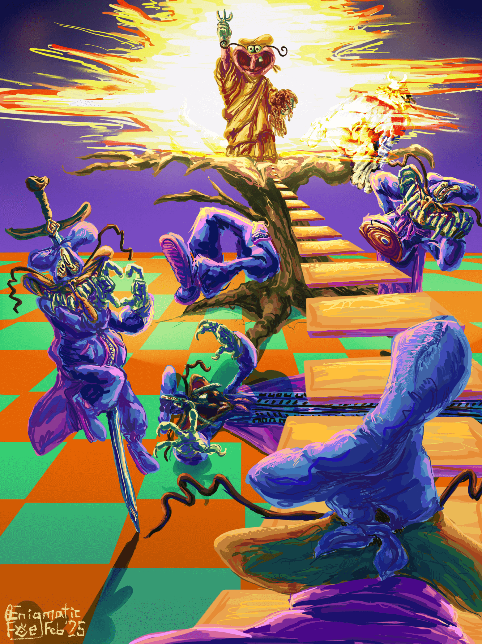 A painting titled, 'Lead Me to the Glow', which is based off the song of the same name by Shmu. It consists of the Doise ascending a staircase towards a giant Noise who is bathed in a yellow light. The Noise has the body of the Statue of Liberty, and he is holding a fork and a bunch of spaghetti. The Noise is on top of a giant tree with no leaves on it, which Peddito is perched in the background of one of its branches. A couple other Doises float around the path to the Noise, all of them being murdered in some way. The closest Doise is split in half, with the orange staircase furthering the gap between her body. She is estactic due to the Noise's presence. Underneath the staircase is a stretched out Doise that has been run over by a car, and she is reaching out to the viewer. The last Doise is being impaled by a sword while she makes a heart symbol with her hands. The whole scene takes place in a blueish-purpleish void and the ground is made of green and orange checkered tiles that have no other defining features. Xavier's signature is on the bottom left corner, dating the piece at Febuary 2025.